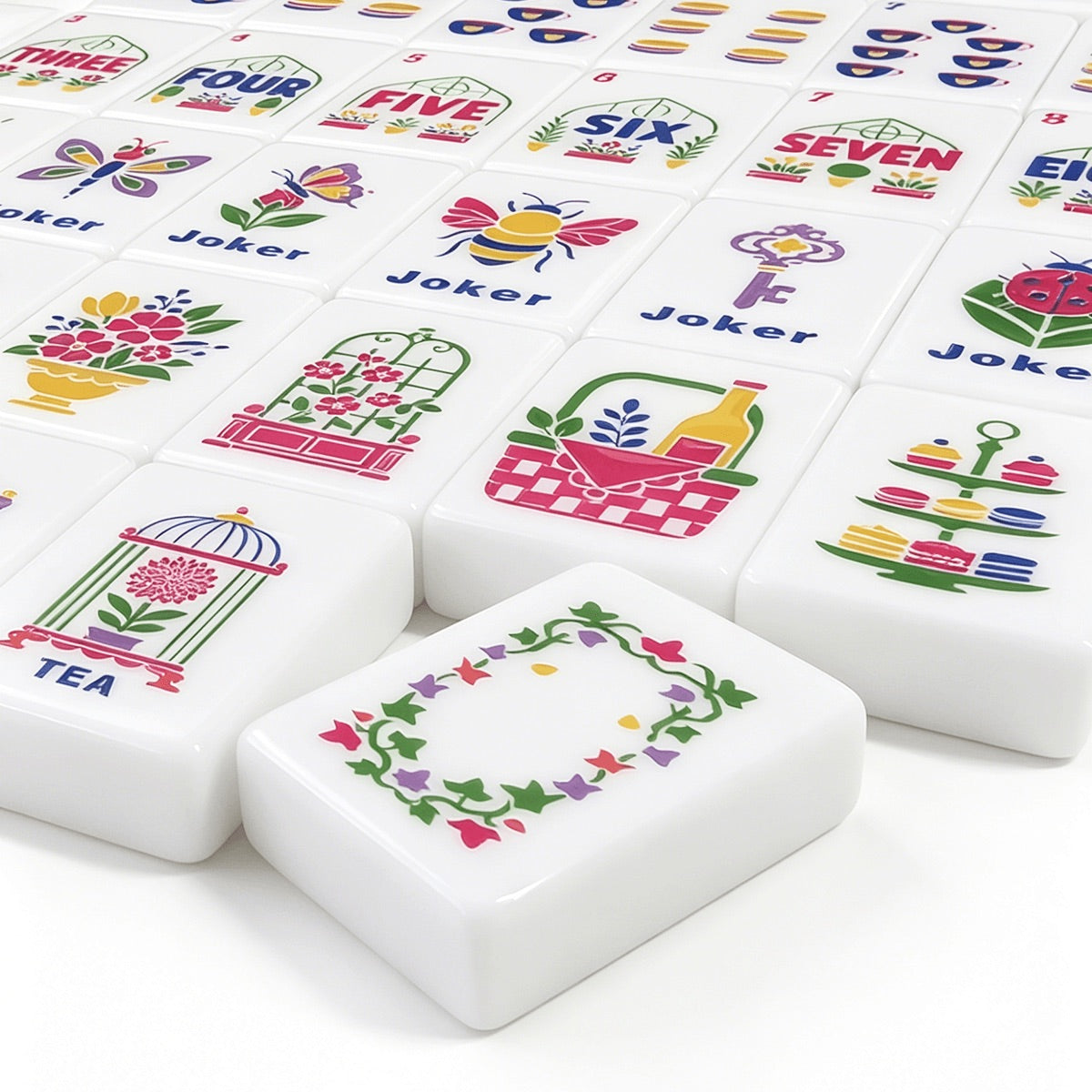 Light blue Mahjong Tiles Set (Floral Garden Style) (Single Layer)