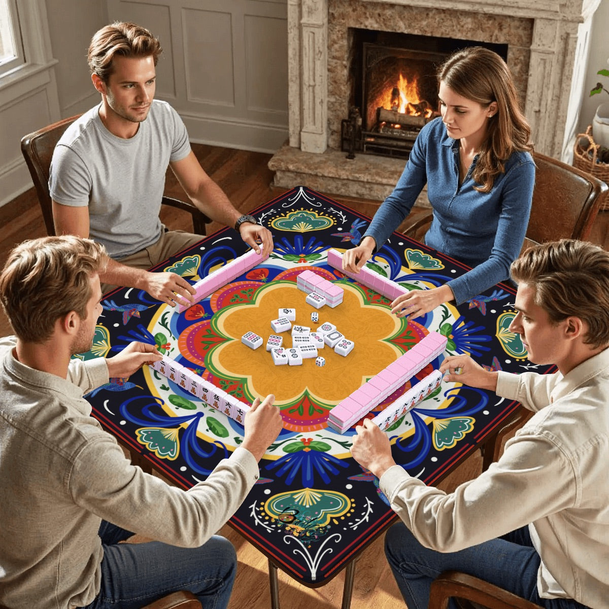 Folk Birds in 4 color options Mahjong Mat 31.5"x31.5" (Ship Rolled up)