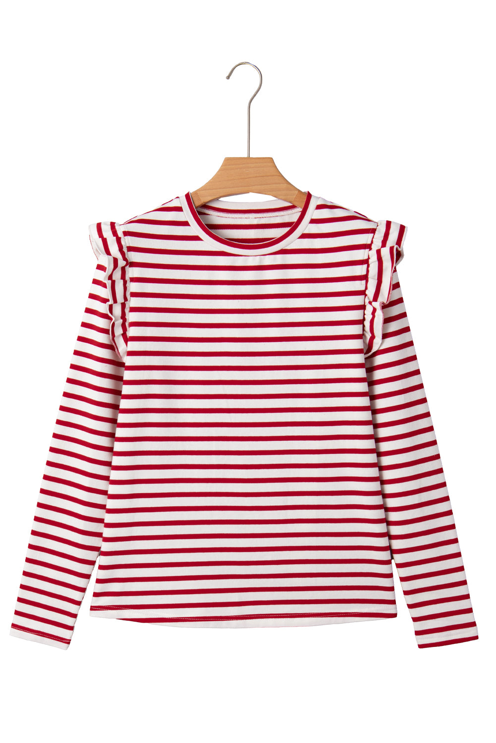 Red Striped Ruffle Shoulder Long Sleeve Top