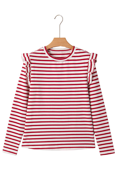 Red Striped Ruffle Shoulder Long Sleeve Top