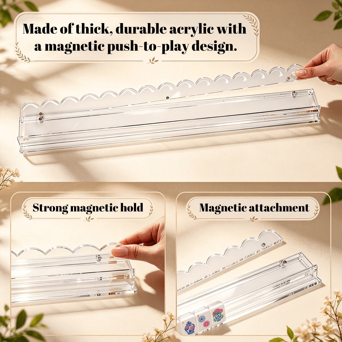 Extended Mahjong Rack Set of 4  Scalloped Magnetic Tile Pusher Brown Rattan
