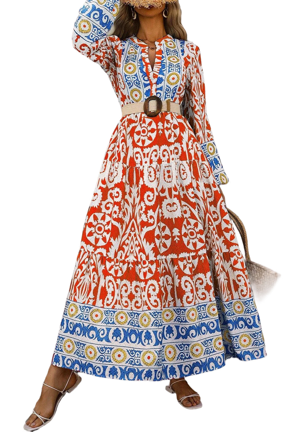 Orange Boho Geometric Printed Long Sleeve Maxi Dress