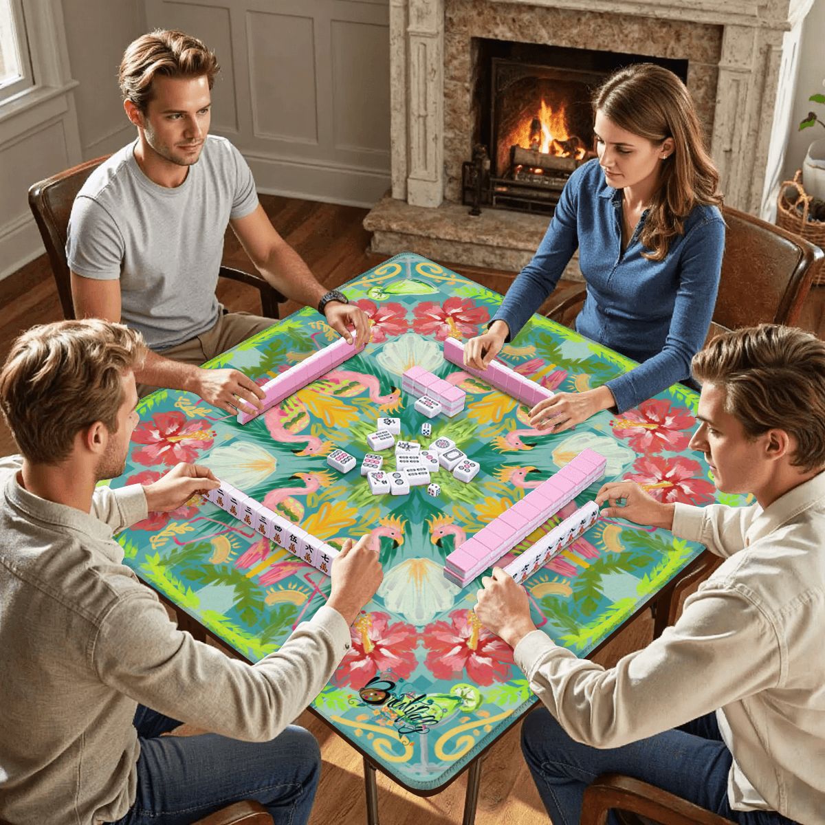 Summer Flamingo on Green Mahjong Mat 31.5"x31.5" (Ship Rolled up)