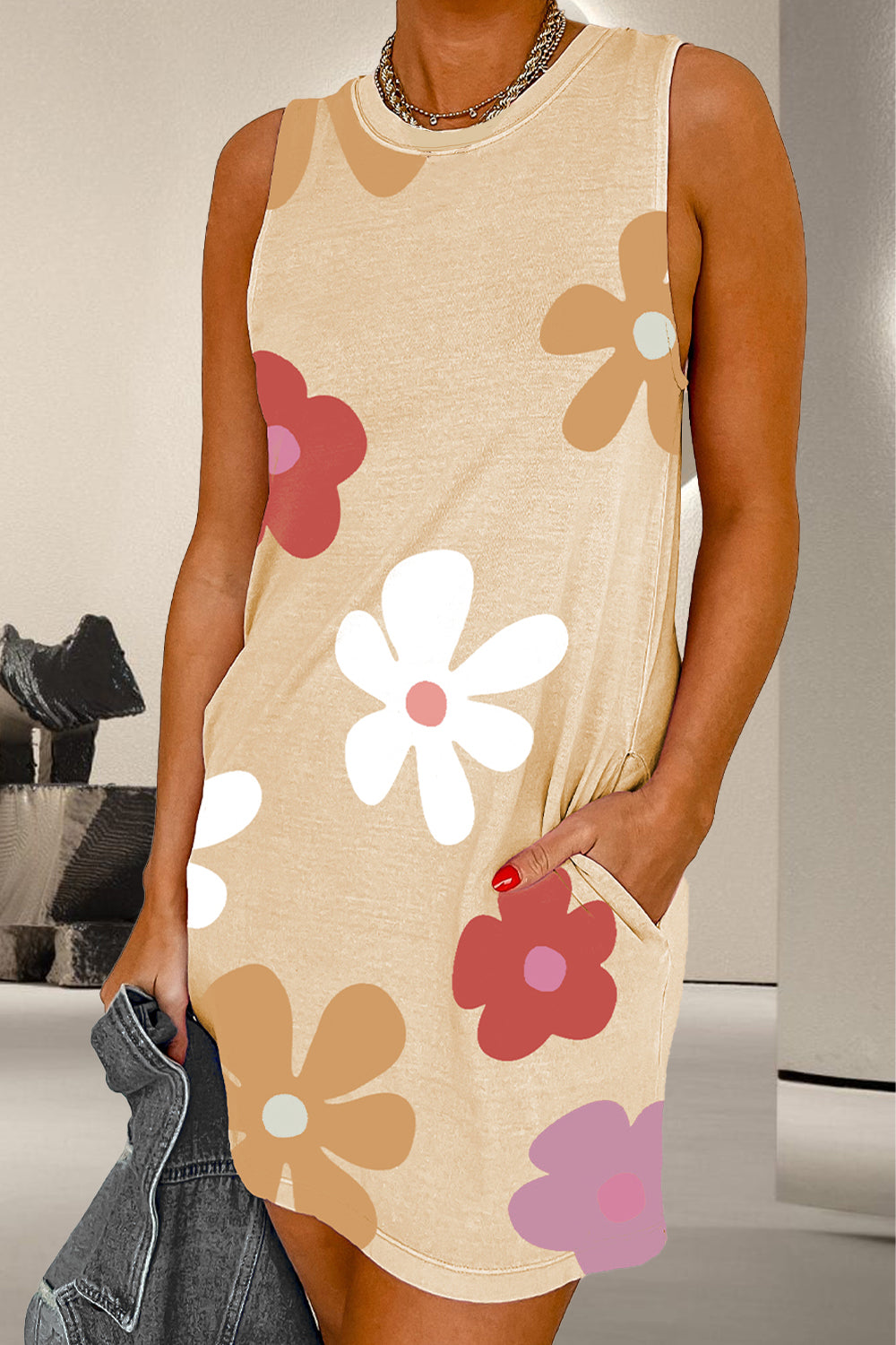 Pocketed Printed Round Neck Mod Flower Tank Dress