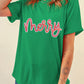Bright Green merry Letter Sequins Patch Cotton Blend Tee