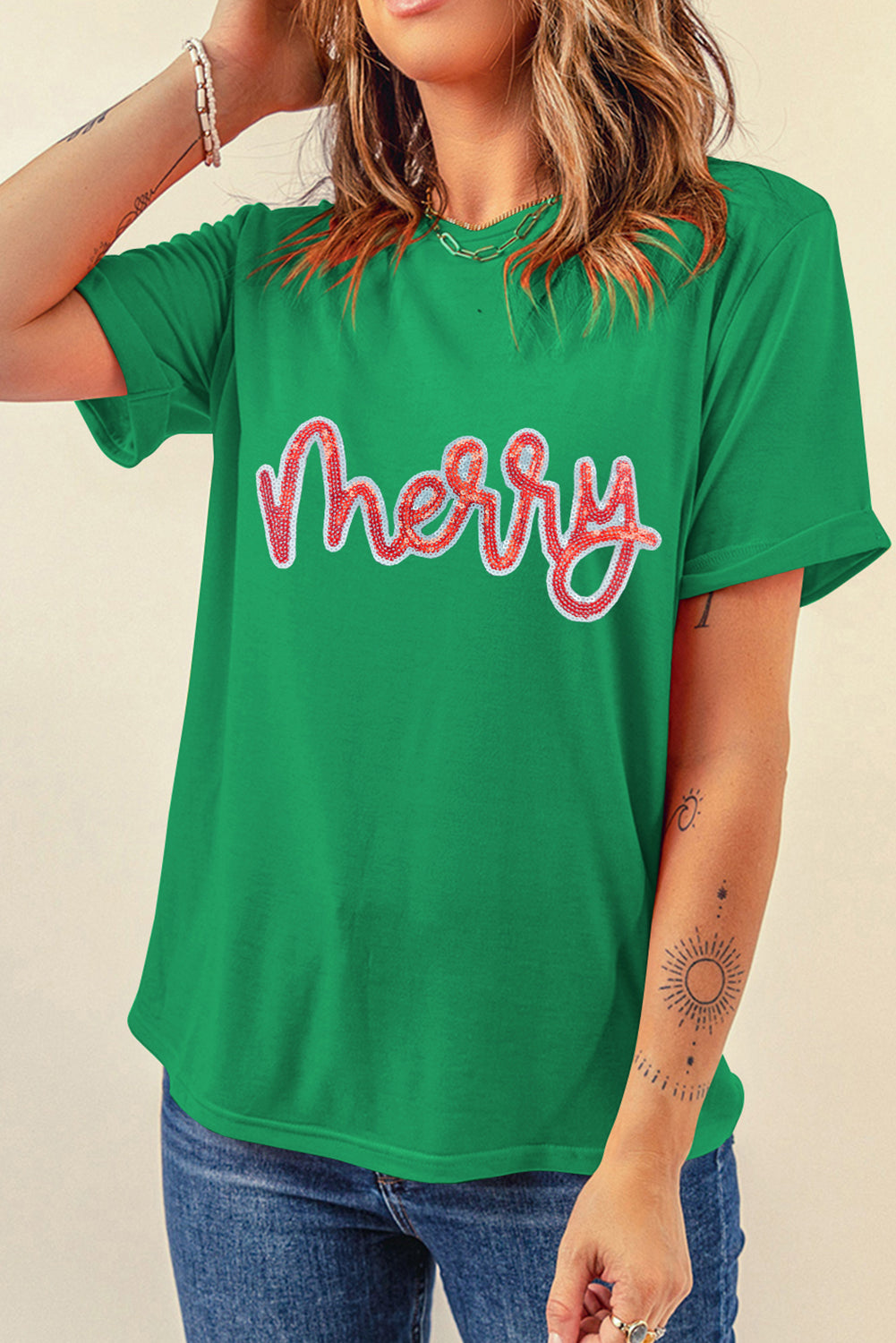 Bright Green merry Letter Sequins Patch Cotton Blend Tee