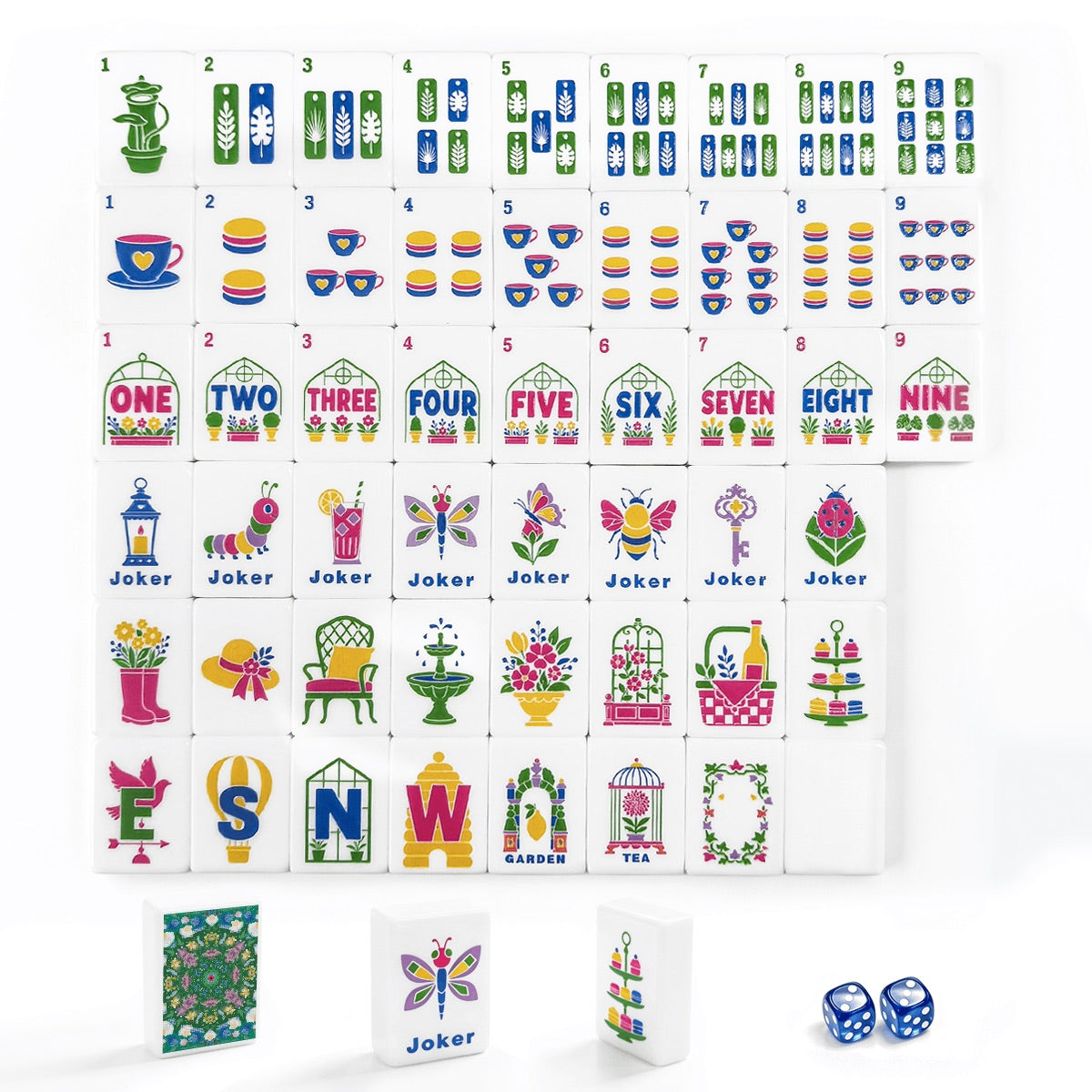 Green Mahjong Tiles Set (Floral Garden Style) (Single Layer)