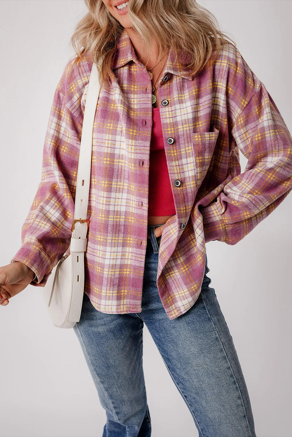 Plaid Collared Neck Long Sleeve Shacket