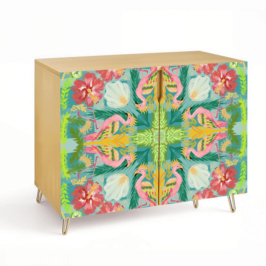 Wooden Storage Cabinet (Made in USA) Flamingo summer on green