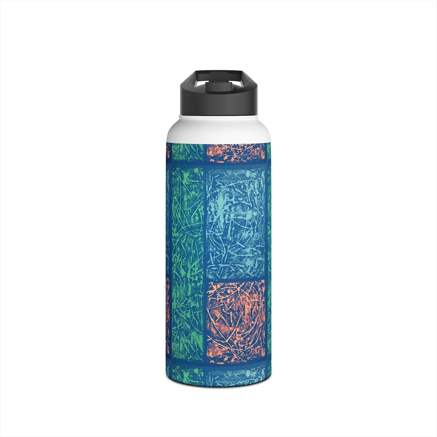 The Delamater Series- Stainless Steel Water Bottle — Abstract Blue Green Patchwork Design