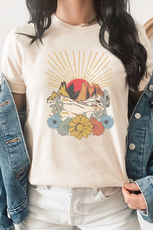 Desert Sunset Arches Floral Cacti Boho Graphic Tee