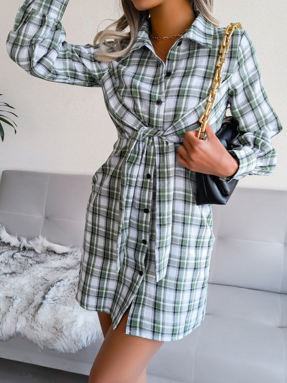 Tied Plaid Long Sleeve Mini Shirt Dress