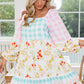 Pink Boho Floral and Plaid Patchwork Ricrac Lantern Sleeve Dress