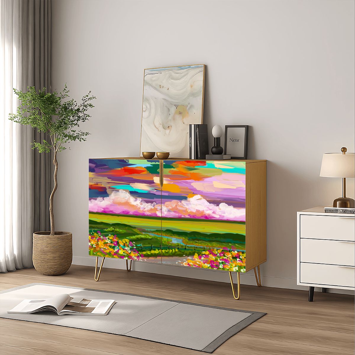 Wooden Storage Cabinet (Made in USA) Abstract Landscape