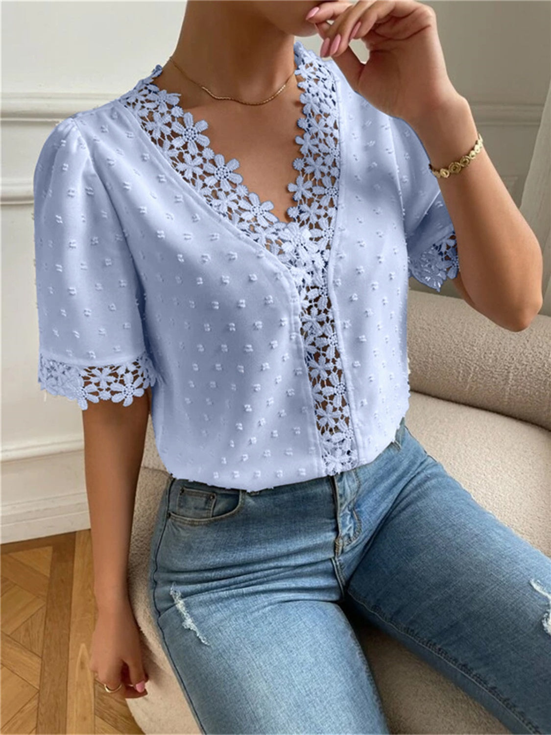 Swiss Dot V-Neck Short Sleeve Blouse