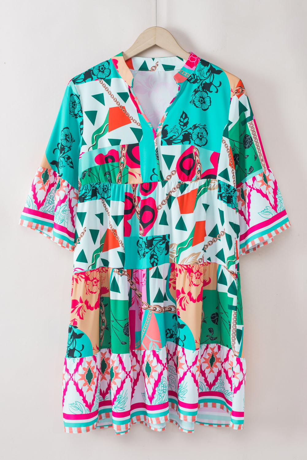 Multicolour Boho Abstract Print Flowy Tiered Dress