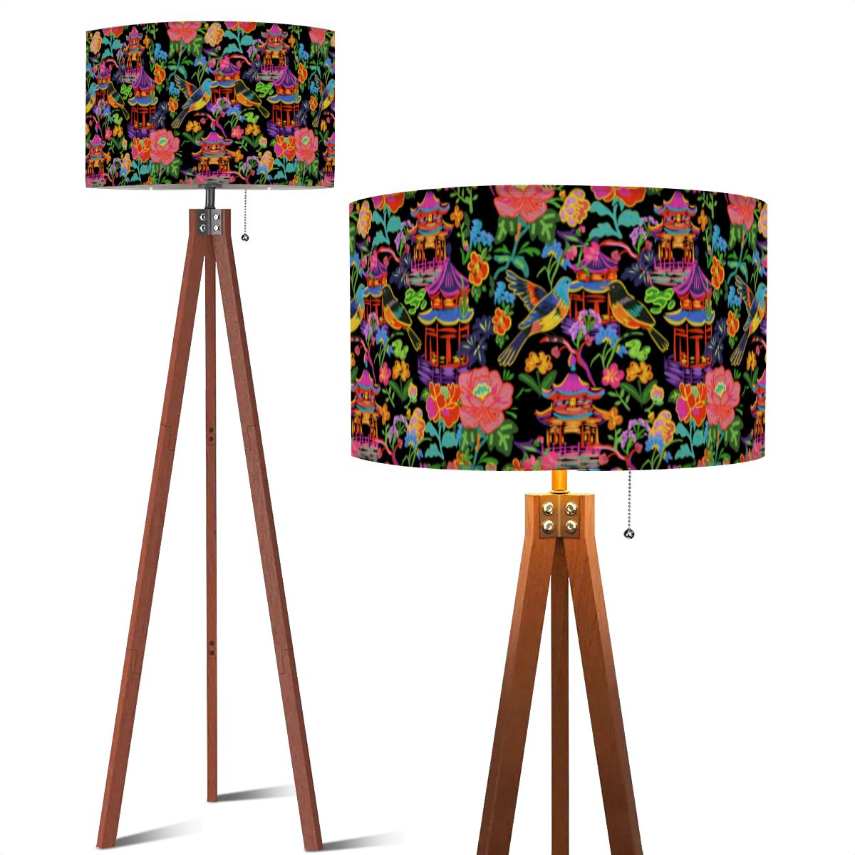 Tripod Floor Lamp (Made in USA)Birds and Pagodas