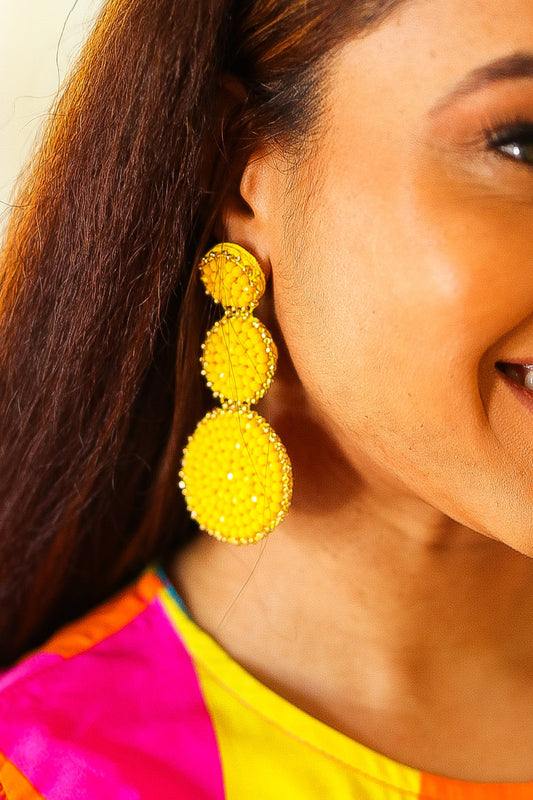Yellow Beaded Round Pendant Earrings