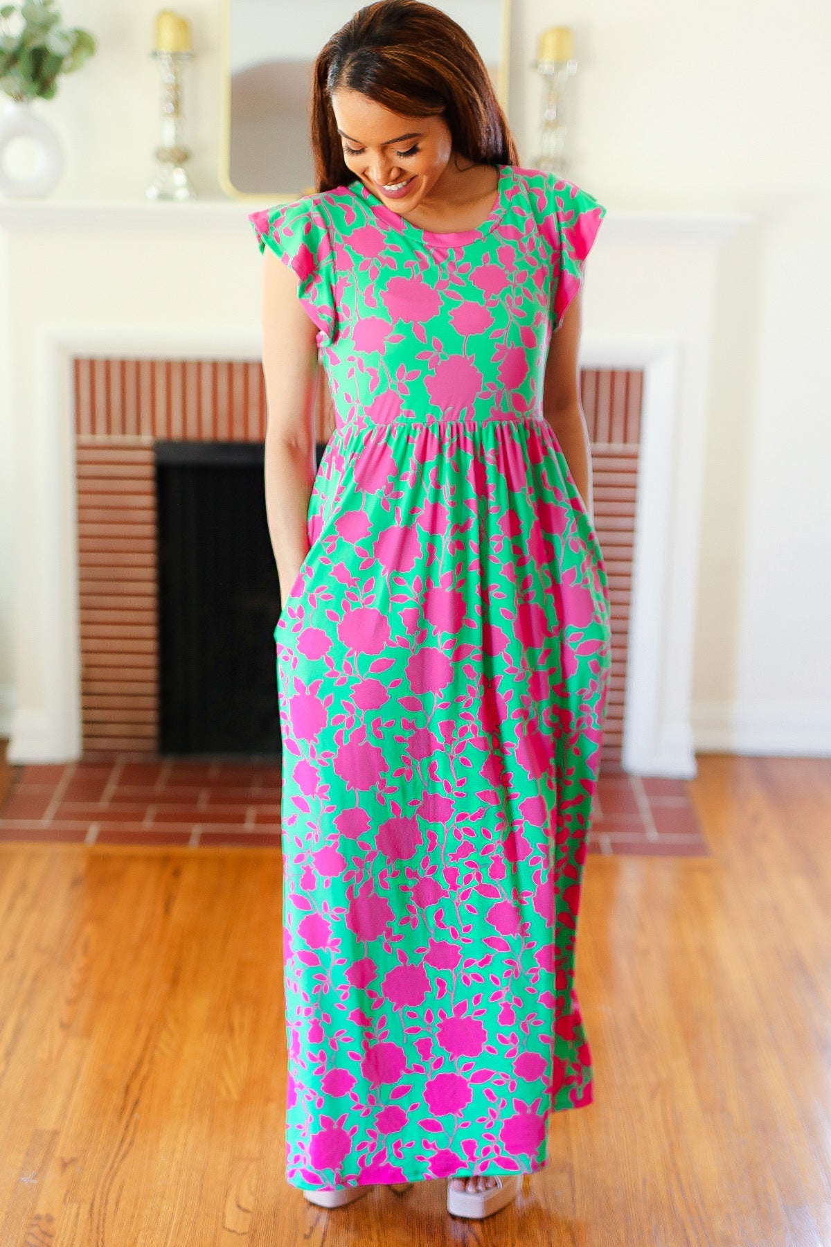 Stand Out Green & Fuchsia Floral Fit & Flare Maxi Dress