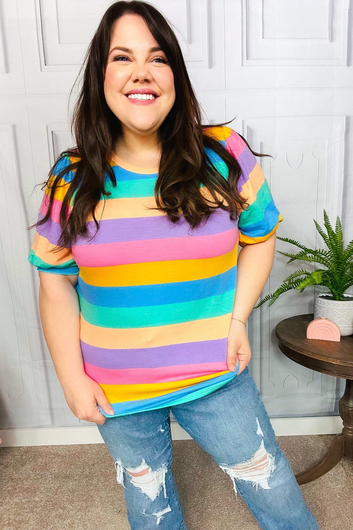 Can't Look Away Multicolor Stripe Bubble Sleeve Terry Top