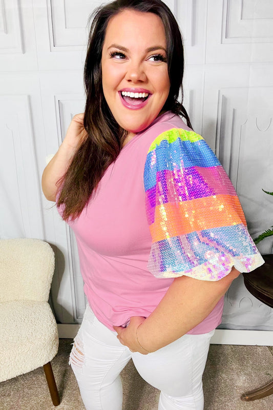 Stand Out Pink Rainbow Sequin Puff Sleeve Top