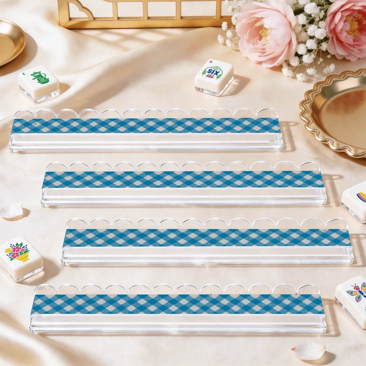 Extended Mahjong Rack Set of 4  Scalloped Magnetic Tile Pusher Choice of Pattern