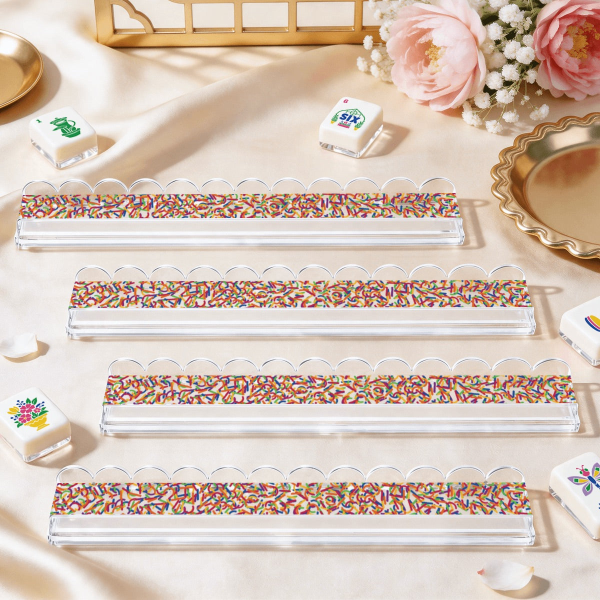 Extended Mahjong Rack Set of 4  Scalloped Magnetic Tile Pusher Choice of Pattern