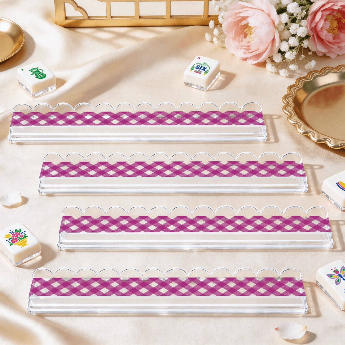 Extended Mahjong Rack Set of 4  Scalloped Magnetic Tile Pusher Choice of Pattern