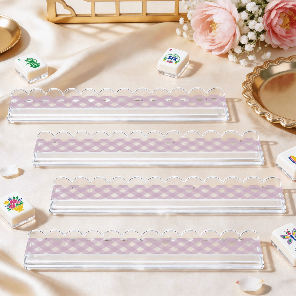 Extended Mahjong Rack Set of 4  Scalloped Magnetic Tile Pusher Choice of Pattern