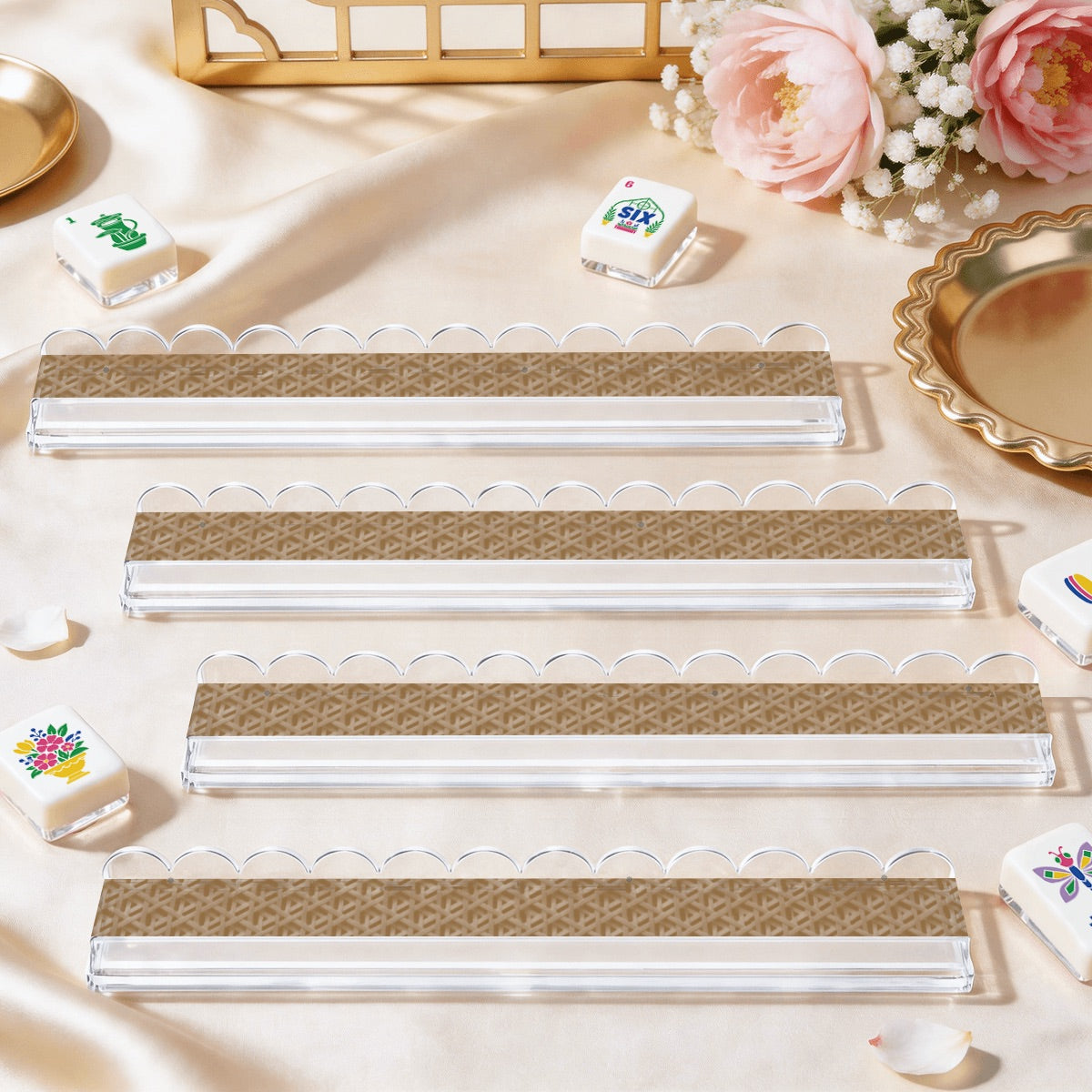 Extended Mahjong Rack Set of 4  Scalloped Magnetic Tile Pusher Choice of Pattern