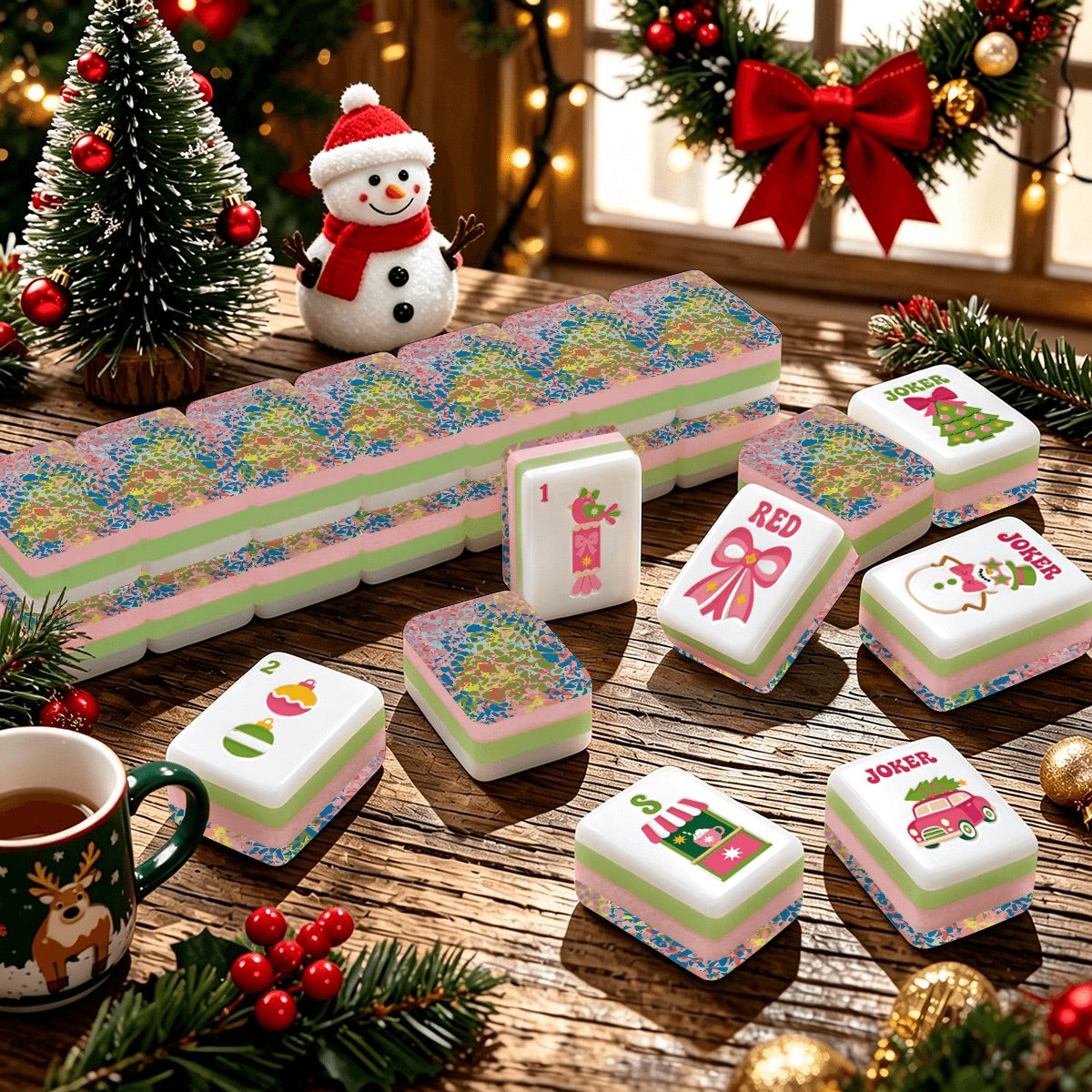 Preppy Pink Christmas Mahjong Tiles -Abstract back options