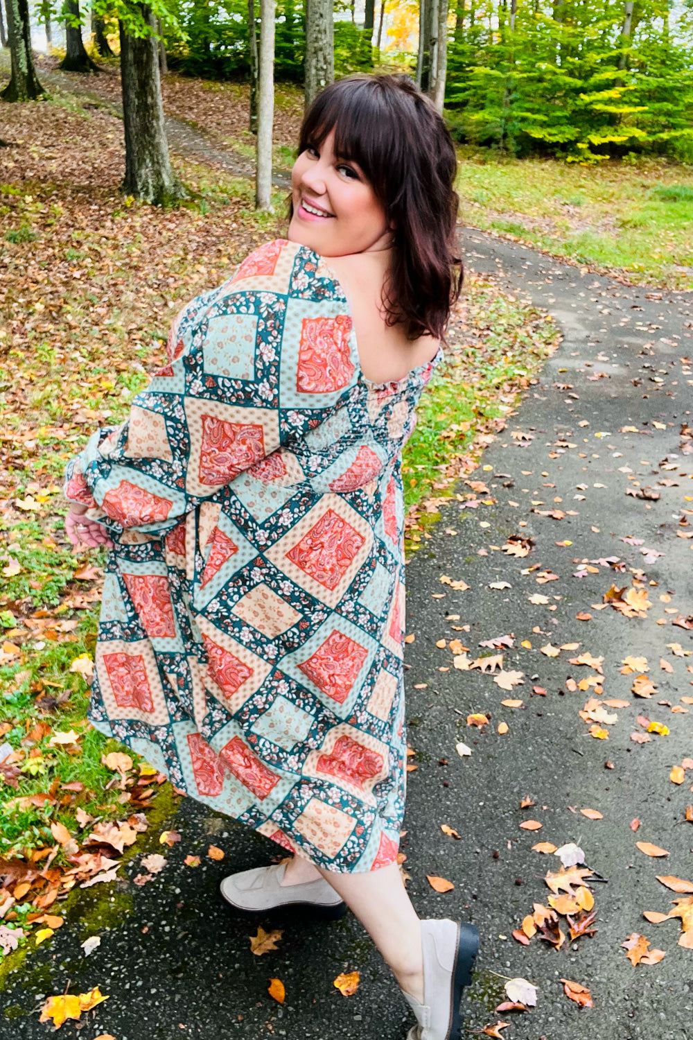 Rust & Teal Boho Smocked Woven Midi Dress