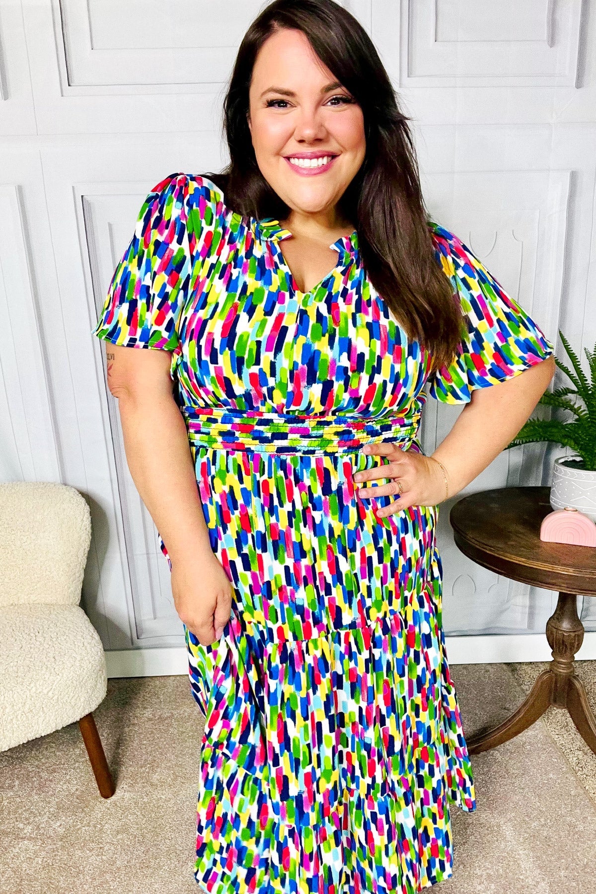 All For You Navy Multicolor Abstract Print Smocked Waist Maxi Dress