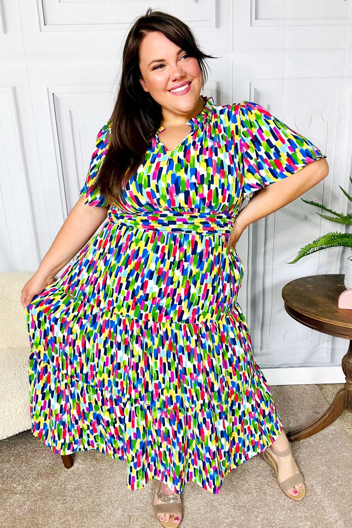 All For You Navy Multicolor Abstract Print Smocked Waist Maxi Dress