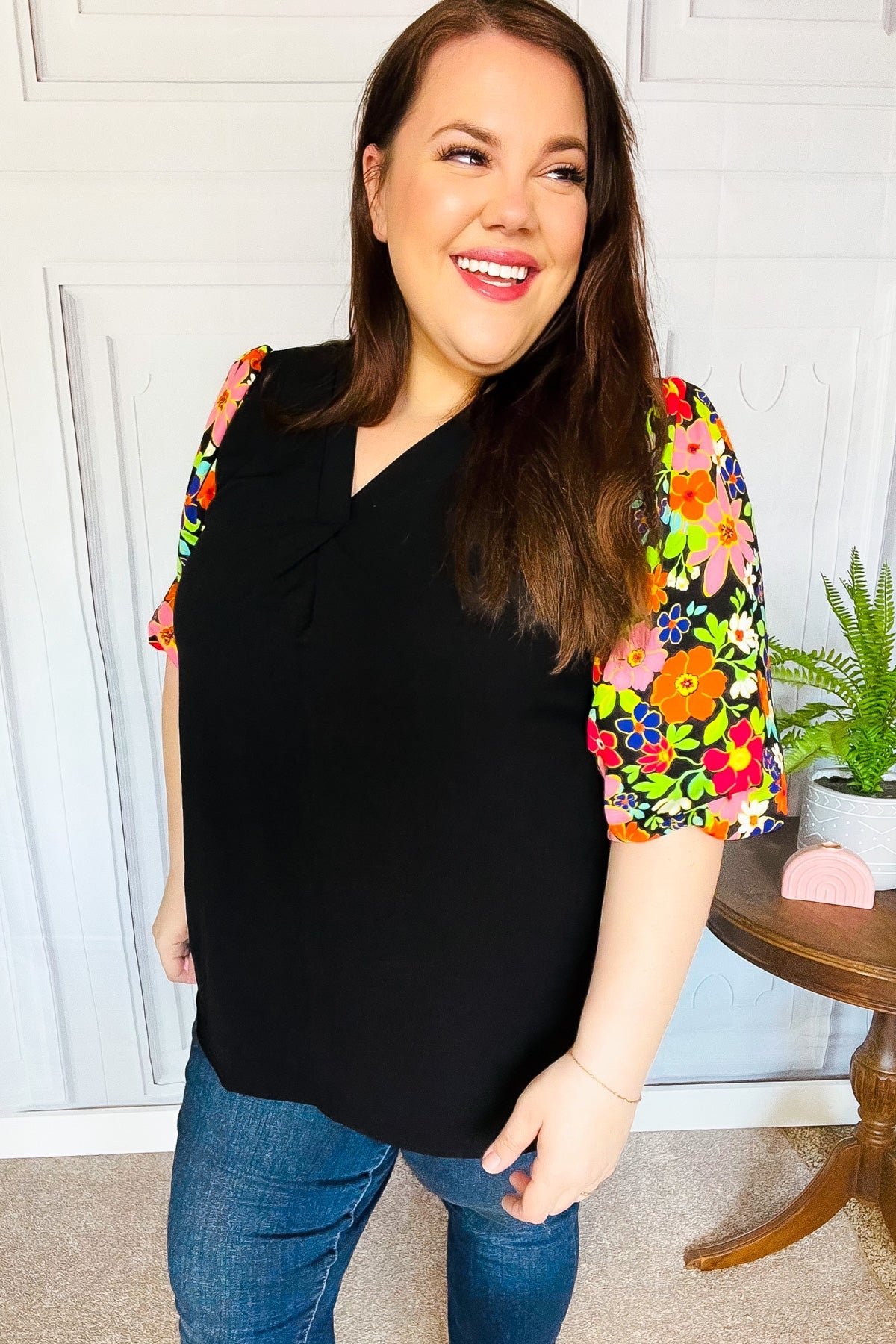 Eyes On You Black Floral Puff Sleeve V Neck Top