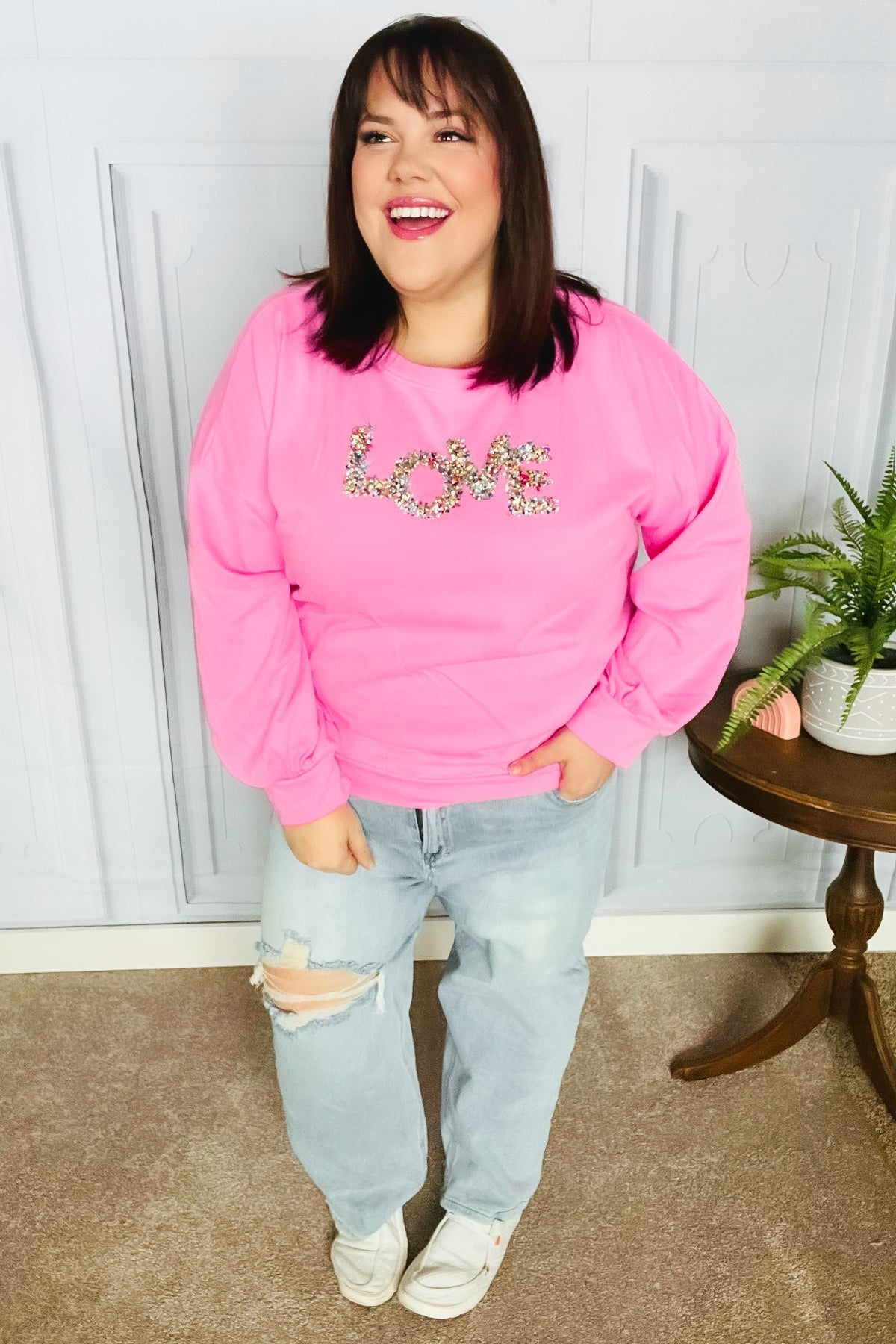 Pink "LOVE" Jewel Beaded Patch Pullover Top