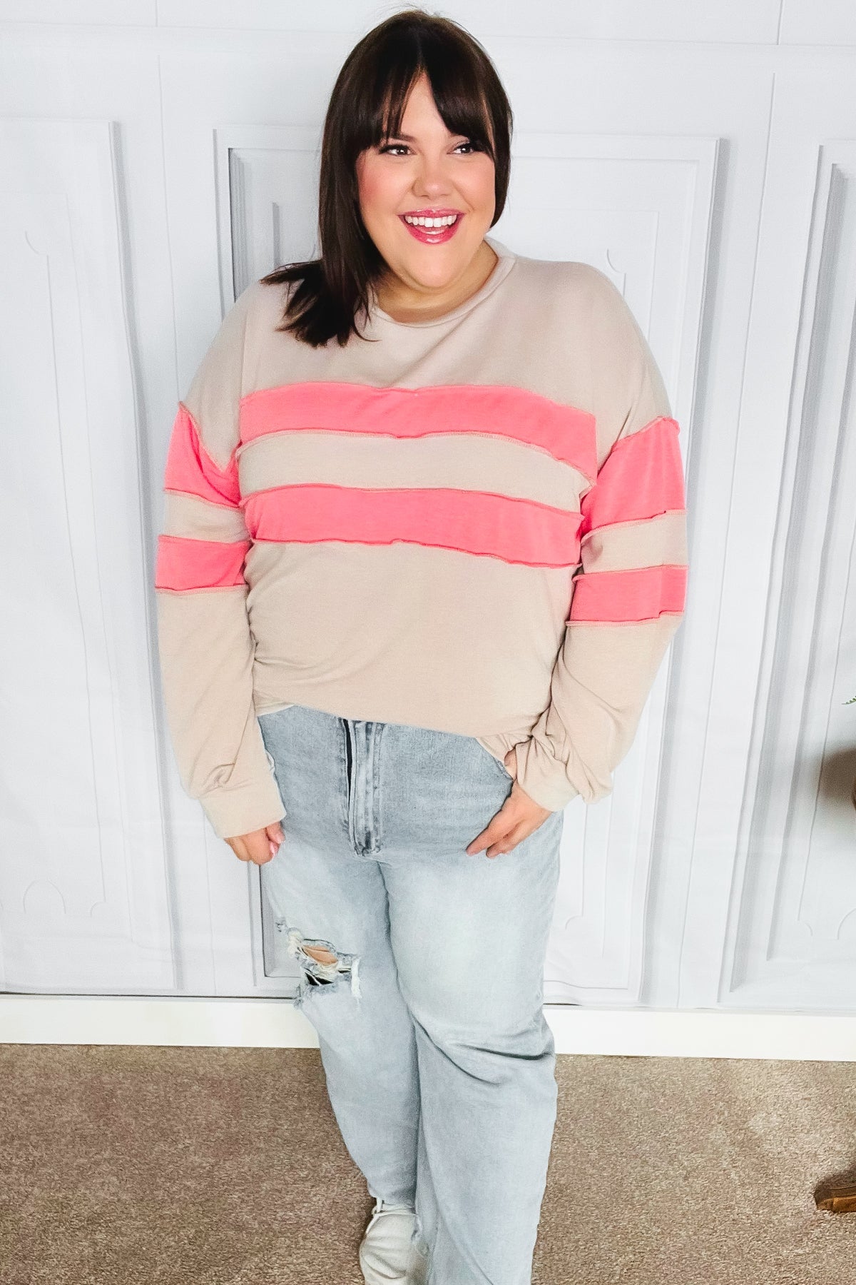 Rally Day Taupe & Coral Game Day Stripe Outseam Terry Top