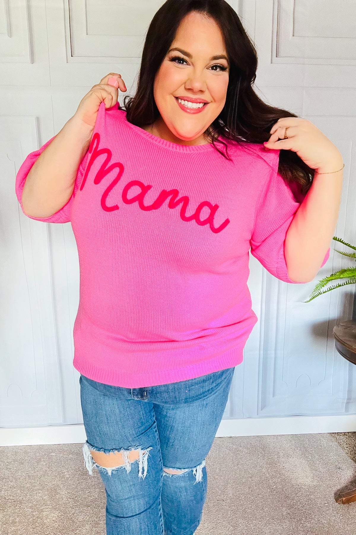 Take A Bow Pink "Mama" Embroidery Puff Sleeve Sweater Top