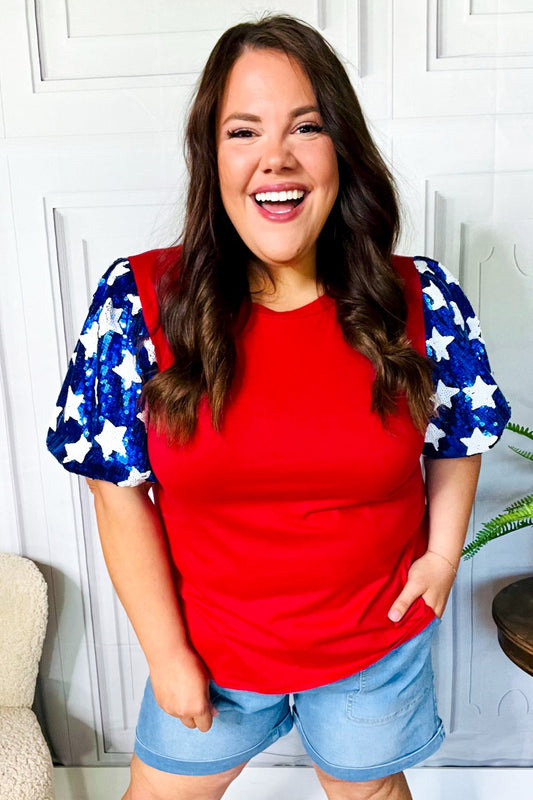 Feeling Patriotic Red & Blue Star Sequin Puff Sleeve Top