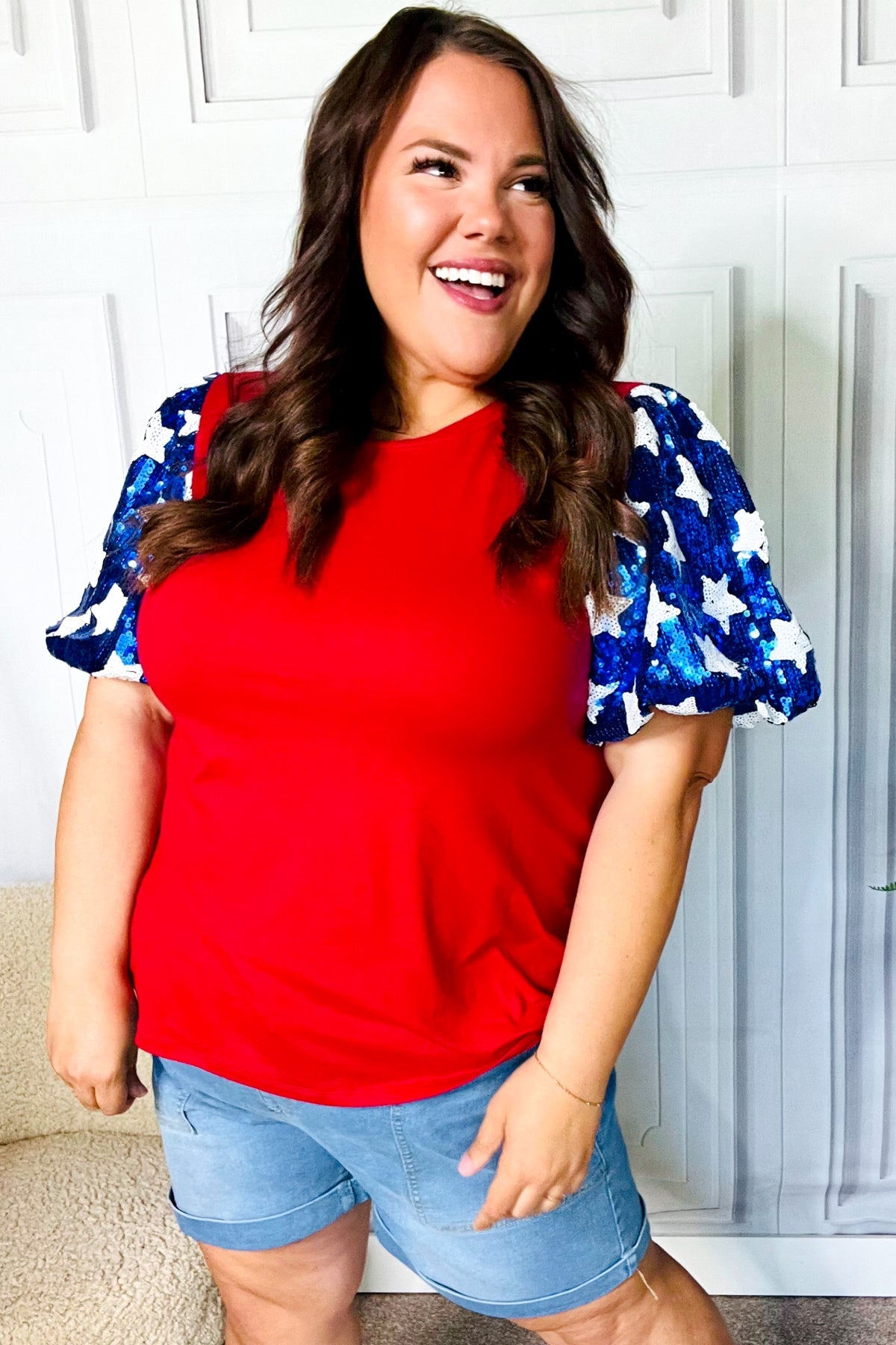 Feeling Patriotic Red & Blue Star Sequin Puff Sleeve Top