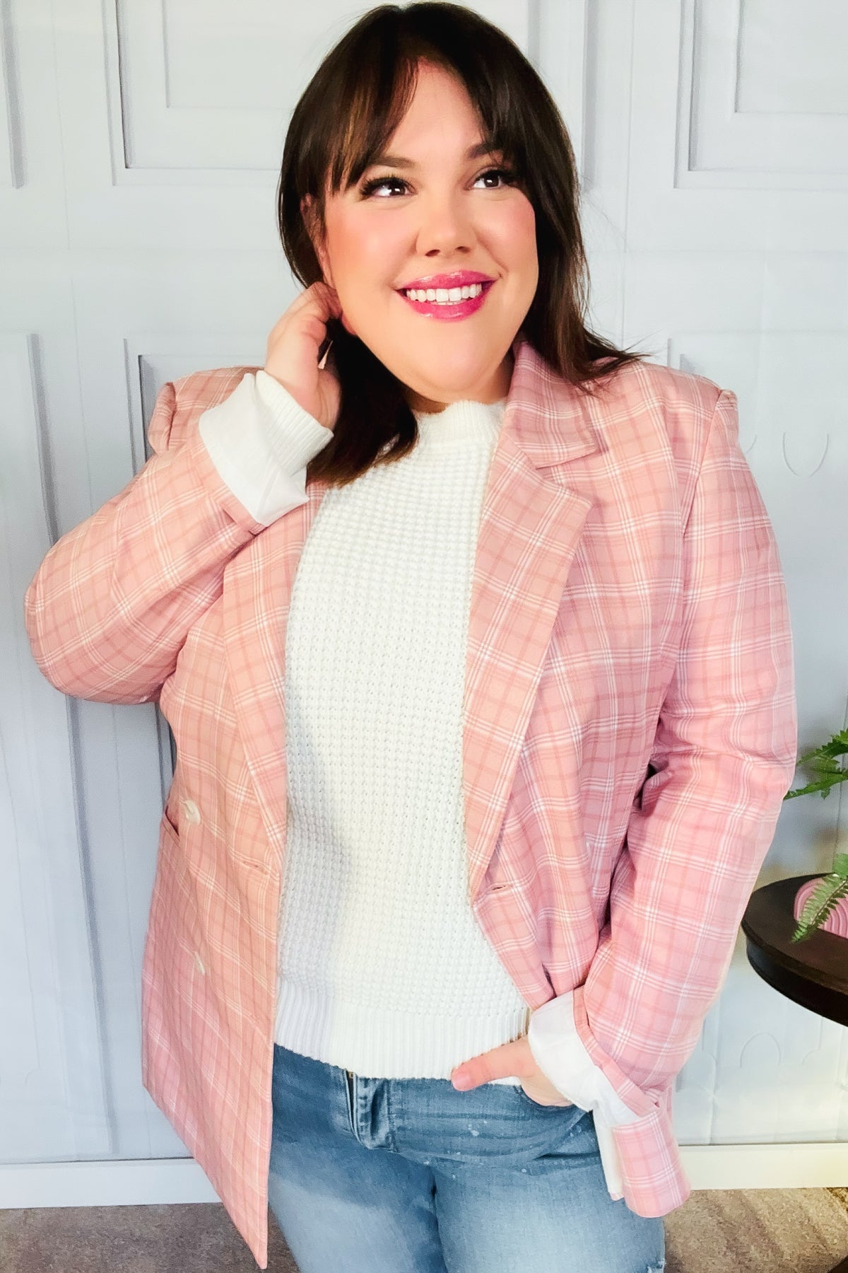 Get To It Pink Plaid Double Breasted Collar Lapel Blazer