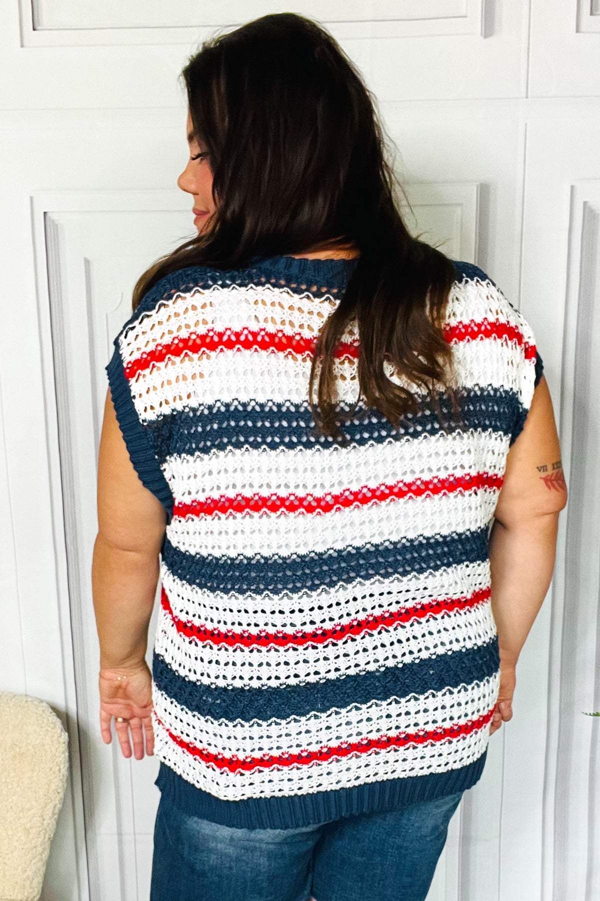 Holiday Ready Red White & Blue Striped Crochet Top