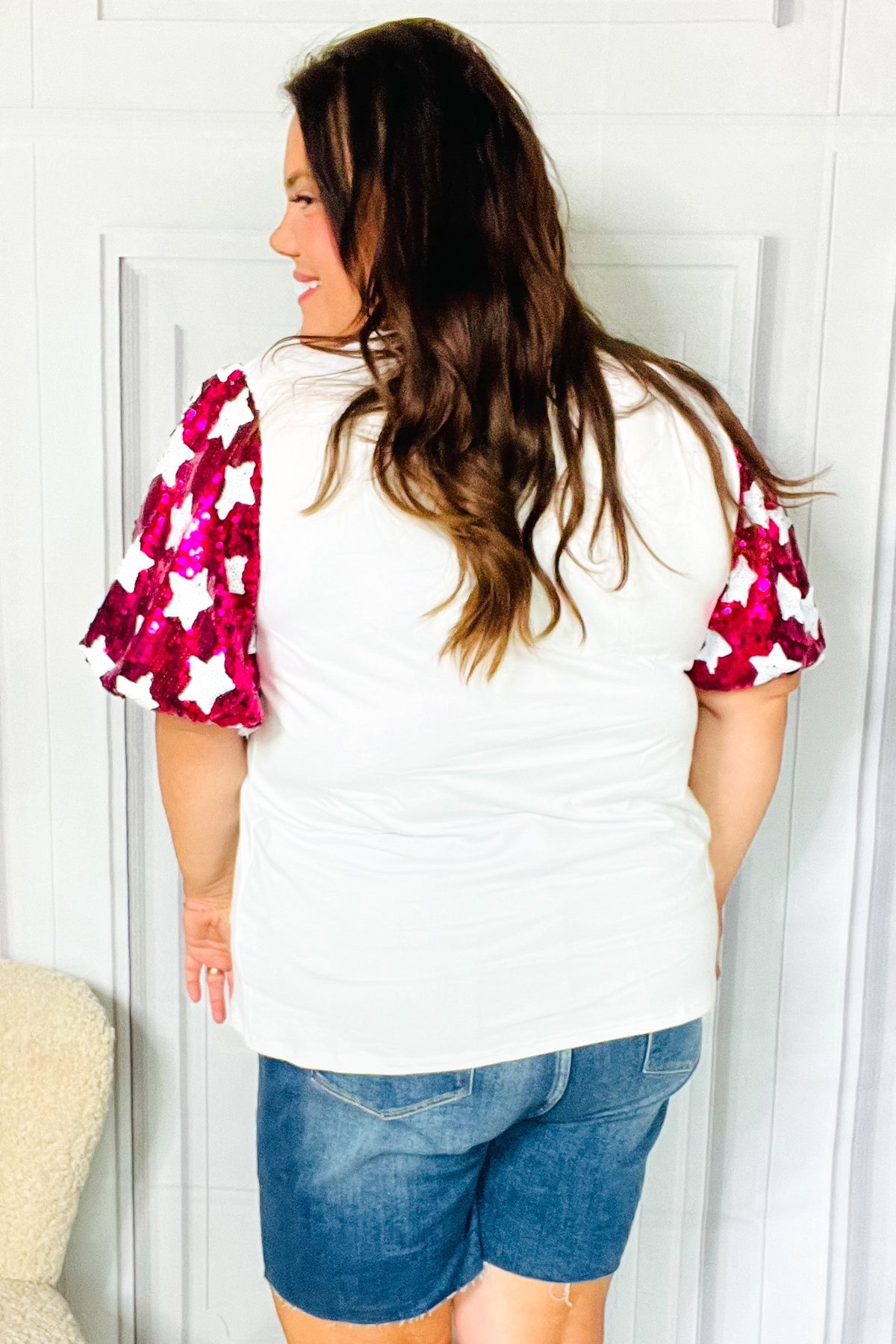 Feeling Patriotic White & Magenta Star Sequin Puff Sleeve Top