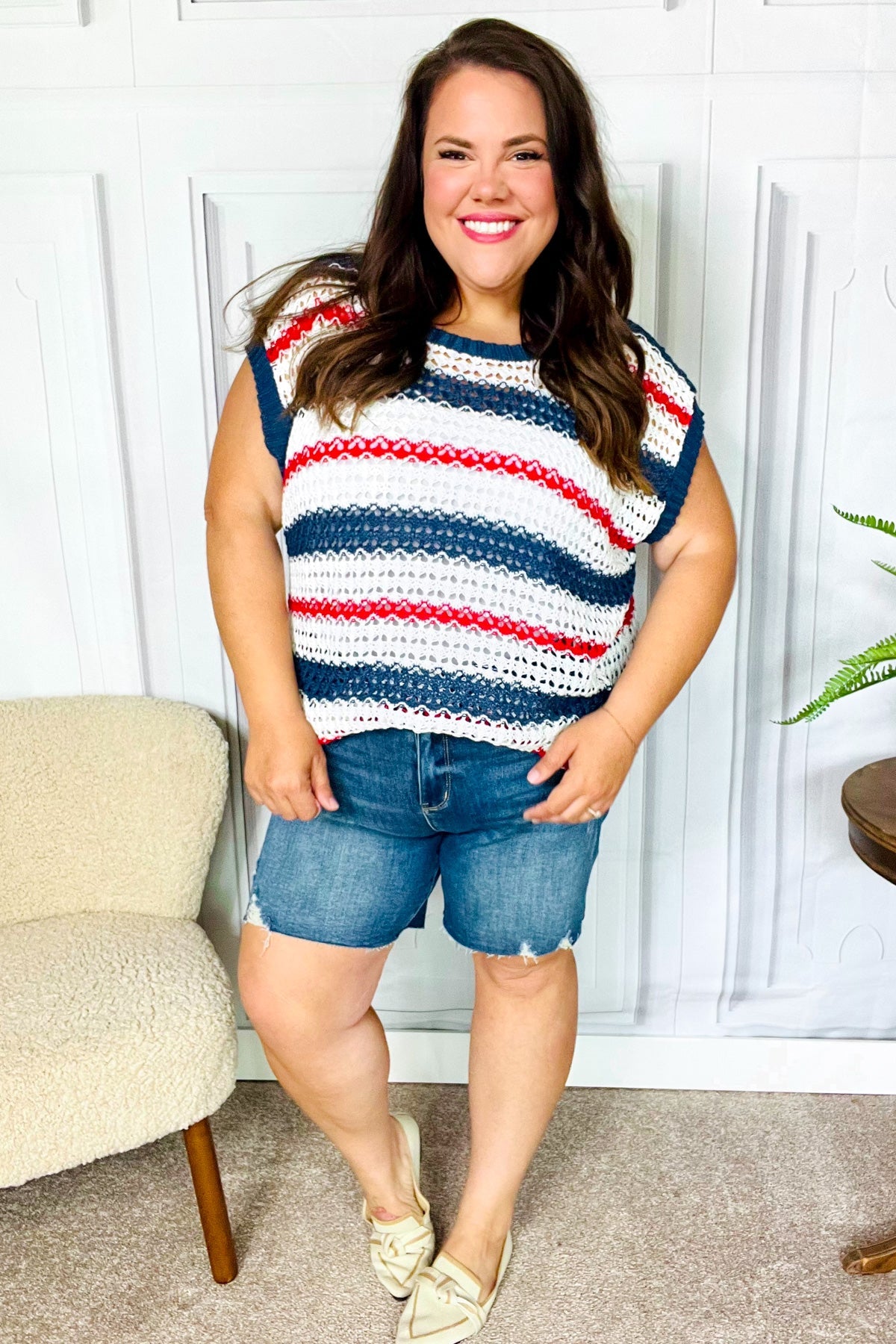 Holiday Ready Red White & Blue Striped Crochet Top