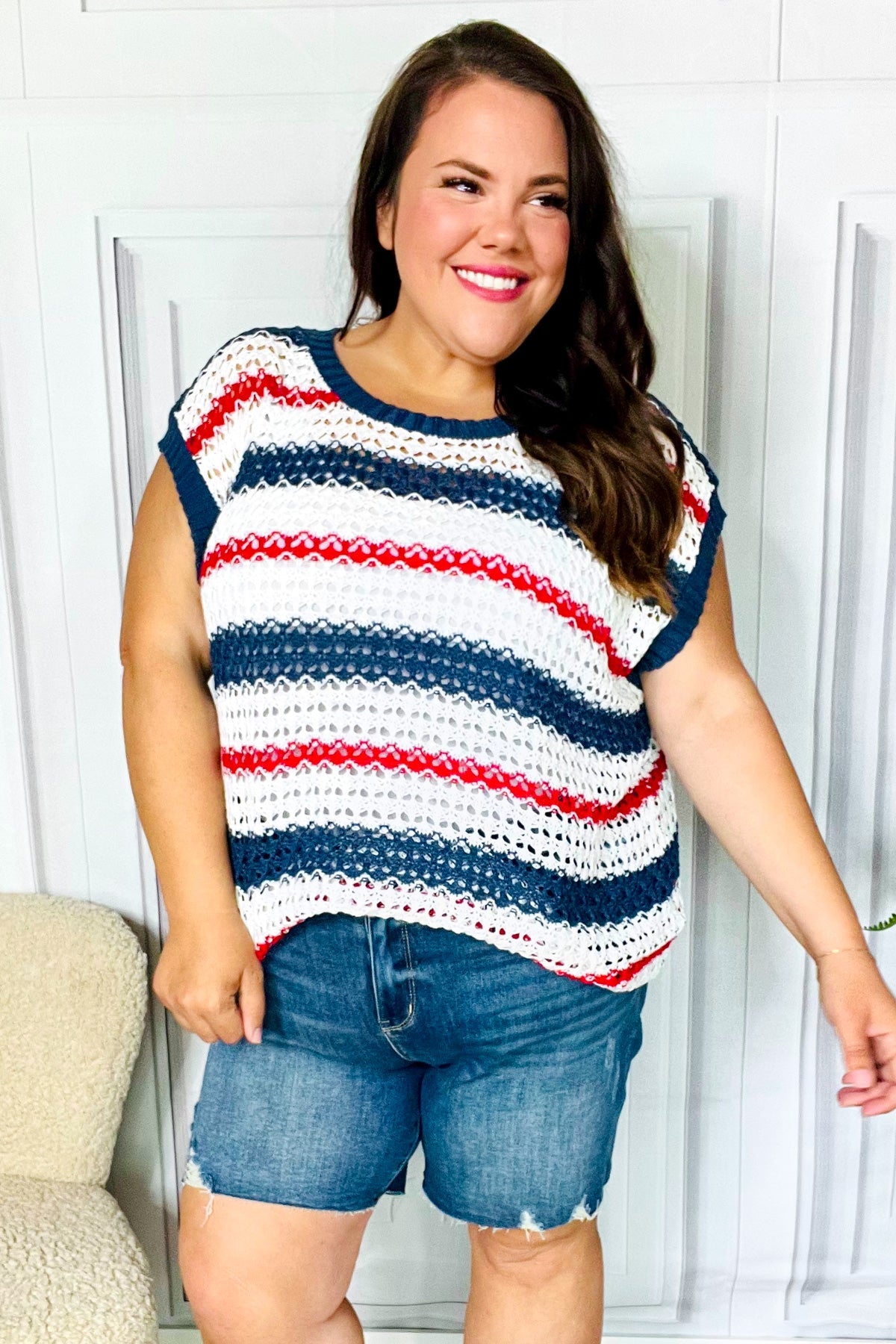 Holiday Ready Red White & Blue Striped Crochet Top