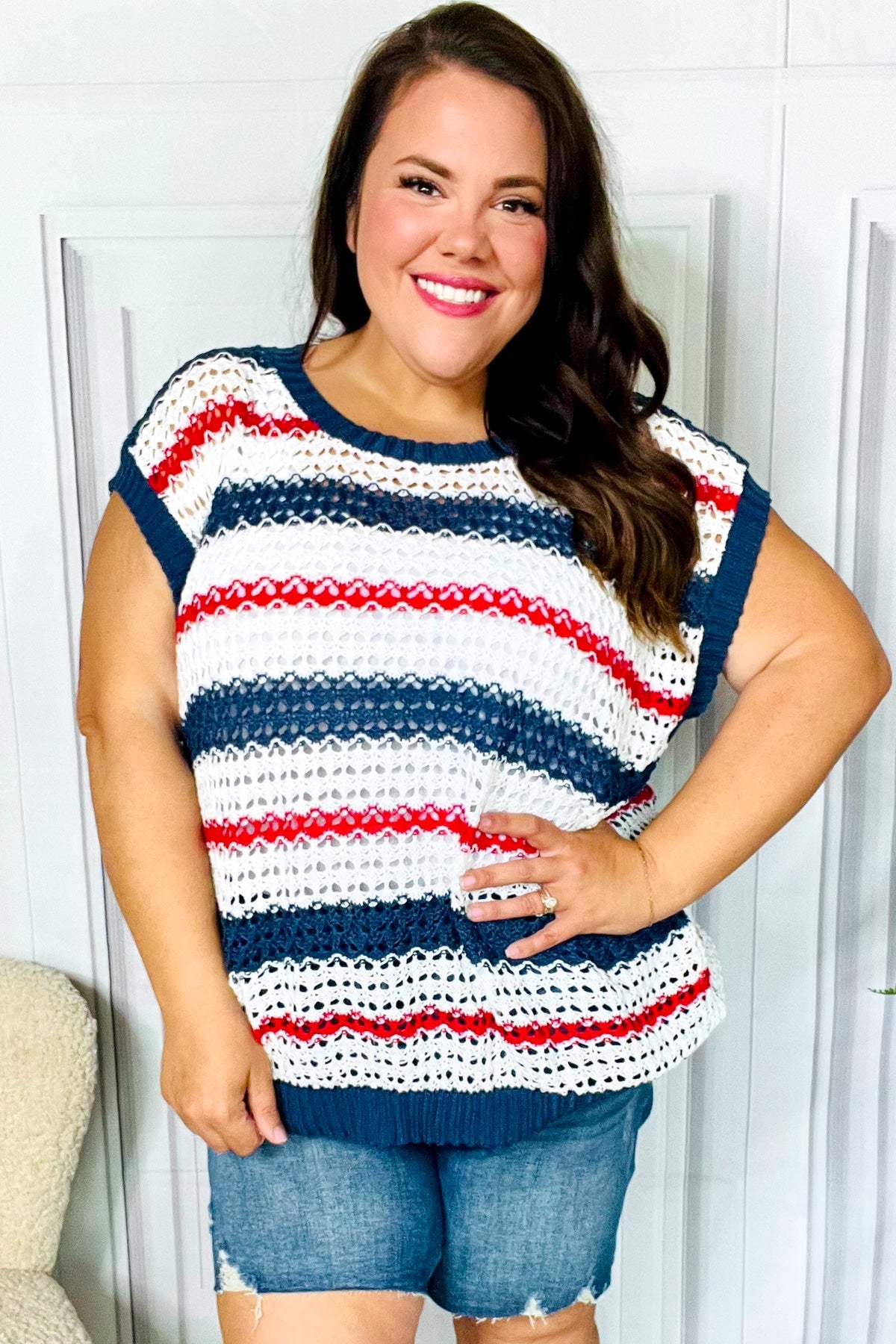 Holiday Ready Red White & Blue Striped Crochet Top