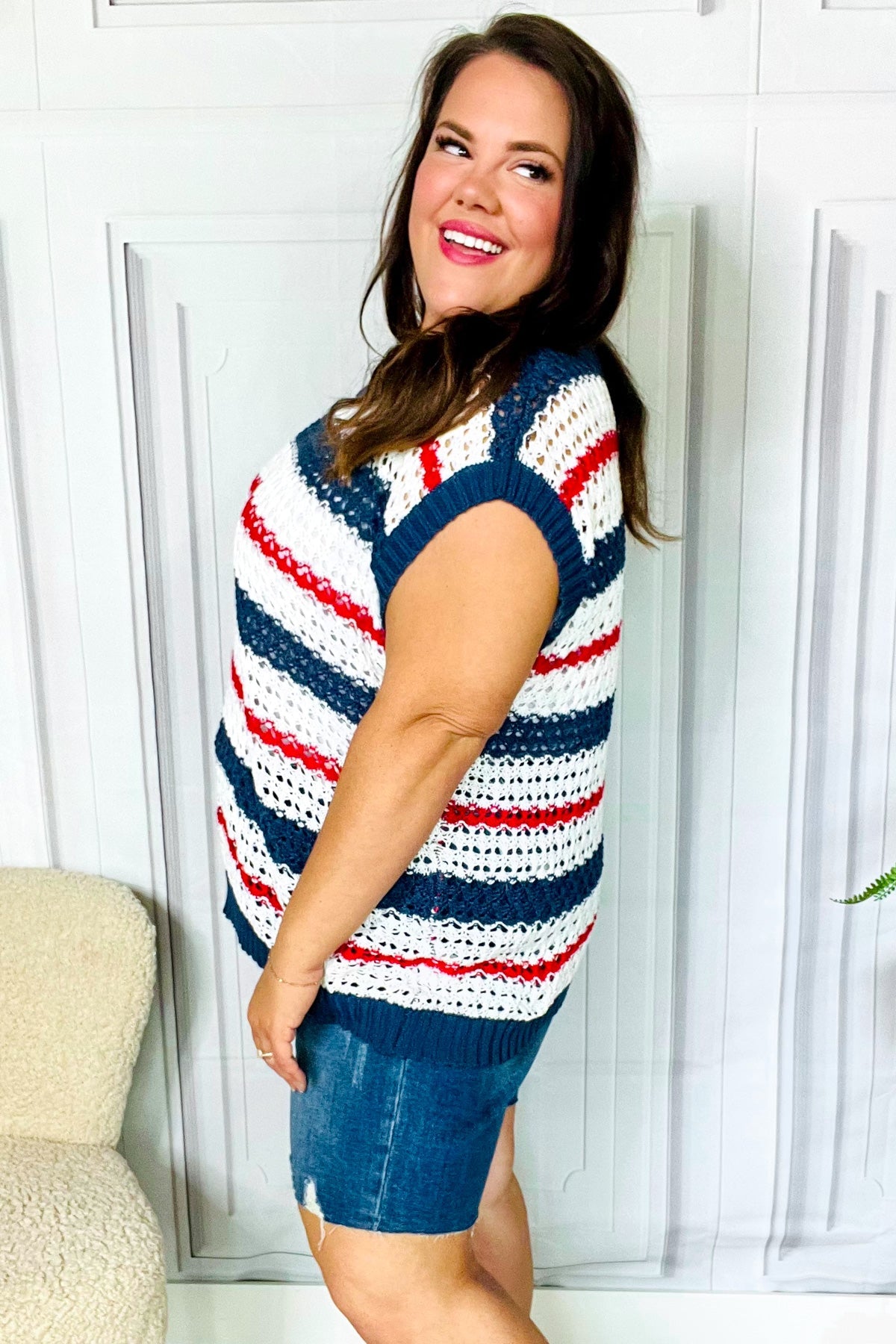 Holiday Ready Red White & Blue Striped Crochet Top