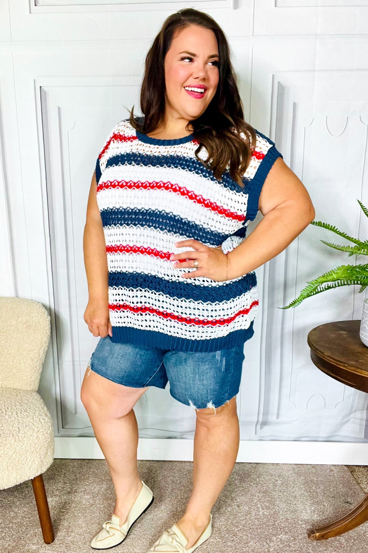 Holiday Ready Red White & Blue Striped Crochet Top