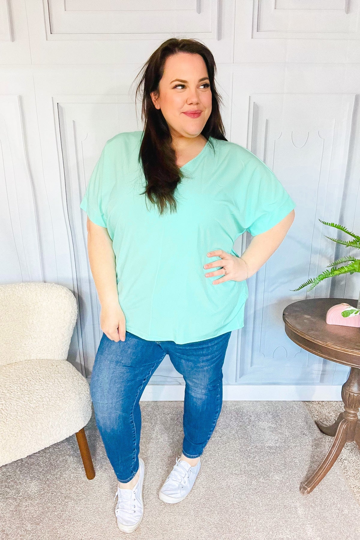 Weekend Ready Mint Drop Shoulder V Neck Woven Top