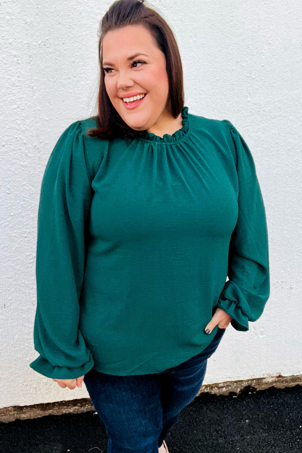 Be Merry Hunter Green Frill Mock Neck Crinkle Top